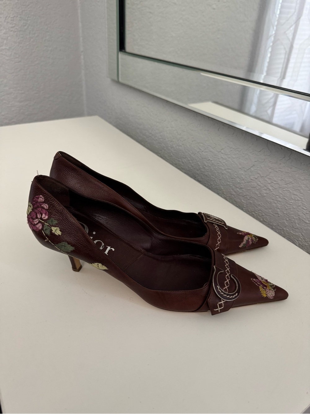 Y2K Vintage Dior Burgundy Floral Embroidered Pointed Leather Heels